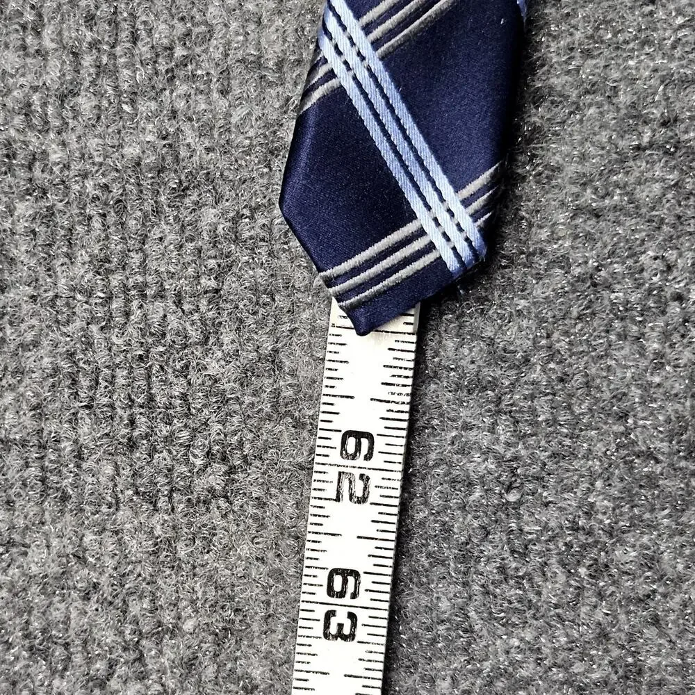 Bugatti Neck Tie Blue Diamond Plaid‎ Pattern 100% Silk Navy White Band Stripes